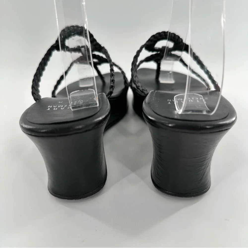 Stuart Weitzman womens sandals 8 black leather braided chunky platform slides
